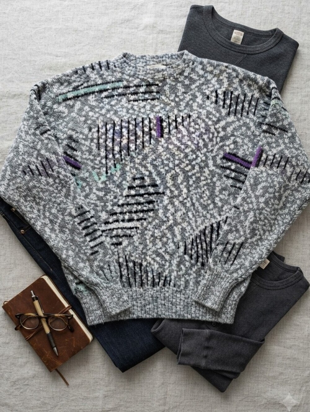 Vintage 80s 90s FLUID Grey Purple Green Geometric Bubble Knit Sweater